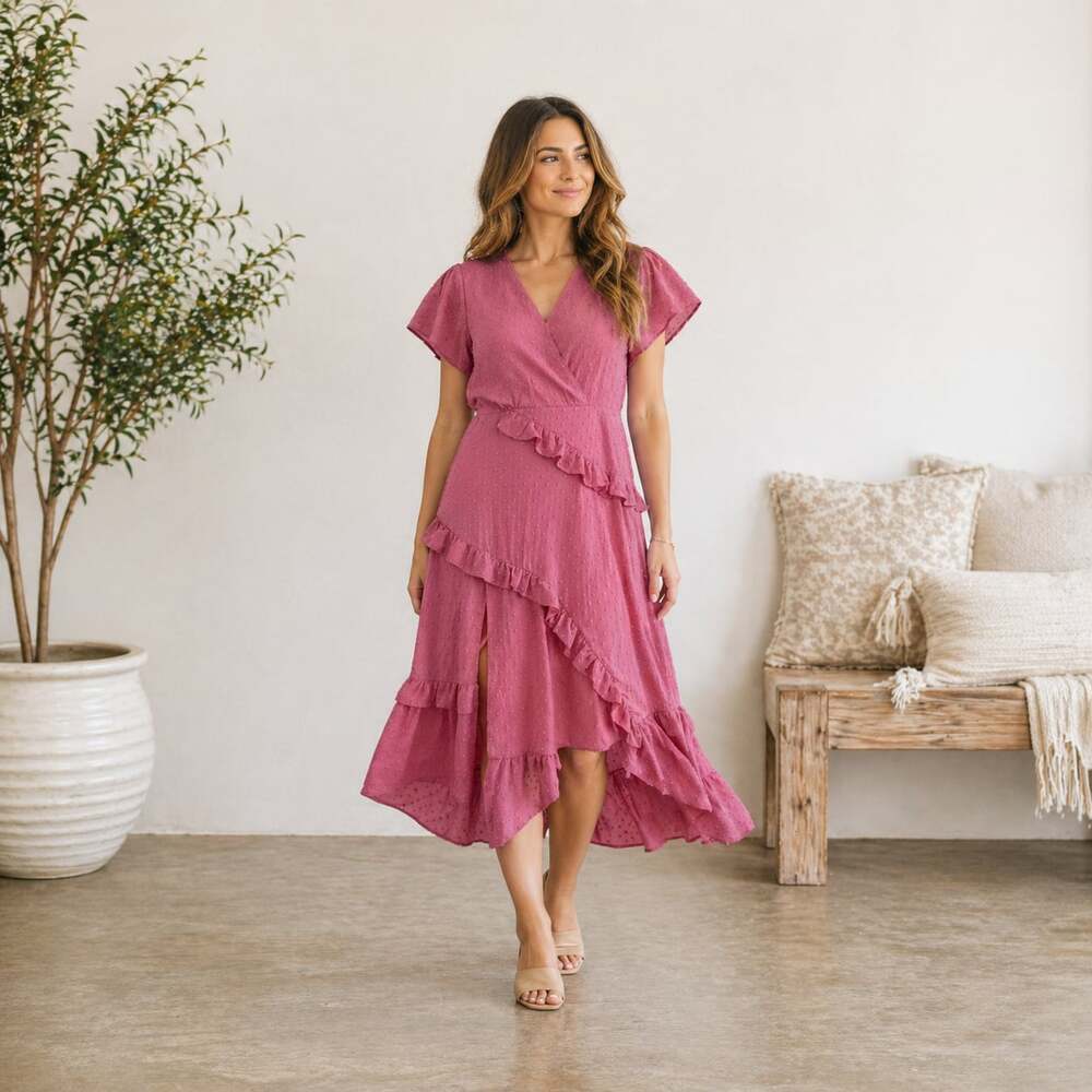 Lulus Dale Rose Pink Swiss Dot Ruffle Asymmetrical Midi Dress Size M